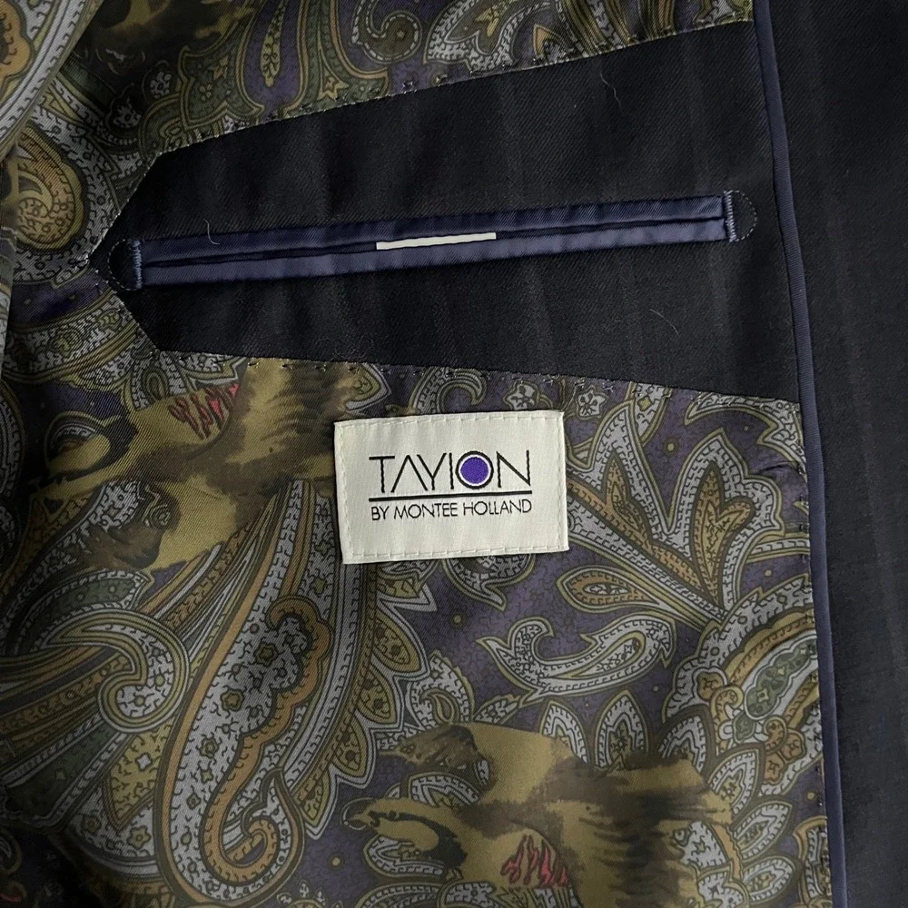 Tayion Suit Mens 48L 42W Navy Blue Pinstripe Wool Blend Two Button Professional
